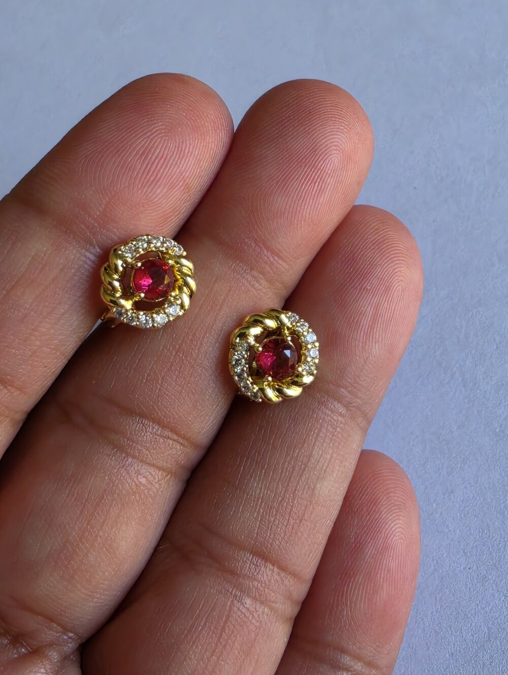 Gold Plated Ruby Red Crystal Huggie Hoop Earrings CZ Vintage Luxe Style